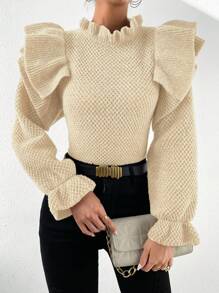 Chiquease Women's Plain Color Ruffle Collar Splice Flounce Hem Long Sleeve Sweater, Autumn/Winter Knit Pullover Fall - Beige - View 6