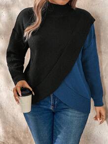 SHEIN LUNE Plus Size Contrast Color Crisscross Wrap High Neck Casual Pullover Sweater, For Winter Knit Pullover Fall - Navy Blue - View 4