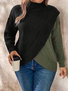 SHEIN LUNE 大码圆领撞色长袖休闲套头毛衣针织衫秋冬款 - 軍綠色 - 查看 1