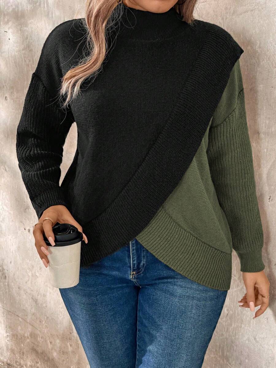 SHEIN LUNE 大码圆领撞色长袖休闲套头毛衣针织衫秋冬款 - 軍綠色 - 查看 1