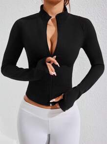 Easithlete Women's Solid Color Front Zipper Long Sleeve Casual Slim Fit Short Sports Jacket - Black - View 6