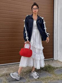 DAZY Contrast Ribbon Bow Printed Loose Women Jacket,Fall Women Clothes - Navy Blue - View 5