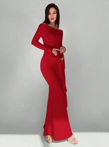 Aloruh 女士优雅露肩金属蝴蝶结装饰长裙 - 酒紅色 - 查看 5