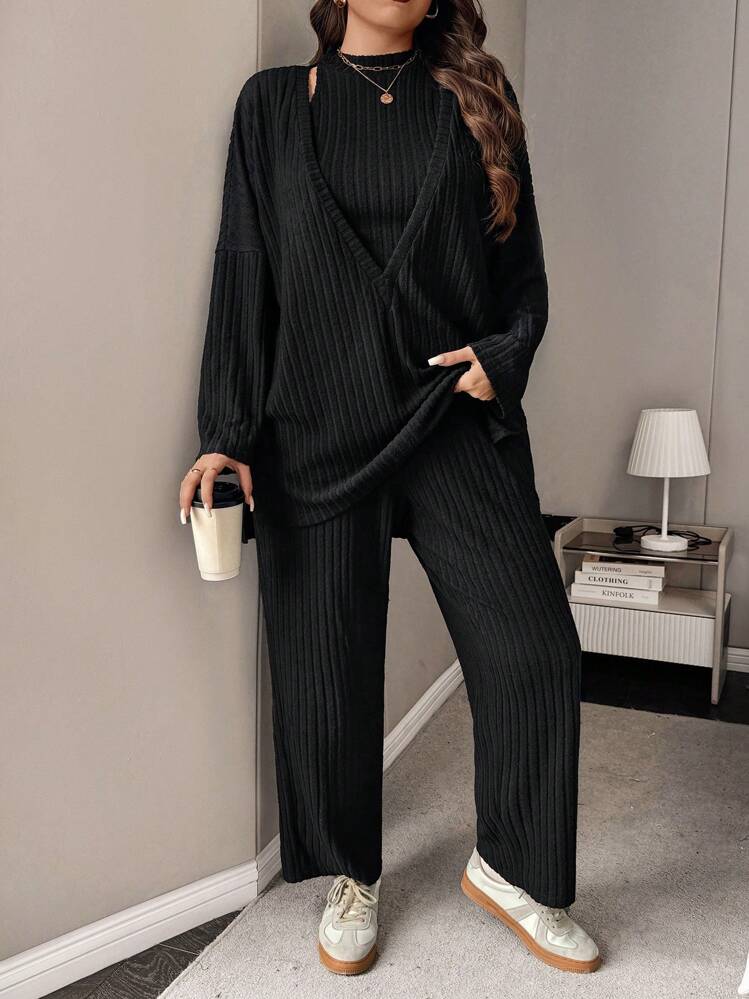 Calvaya 2pcs Women Plus Size Solid Color Deep V-Neck Ribbed Velvet Casual Commute T-Shirt Top And Long Pants Set, Autumn/Winter - Black - View 6