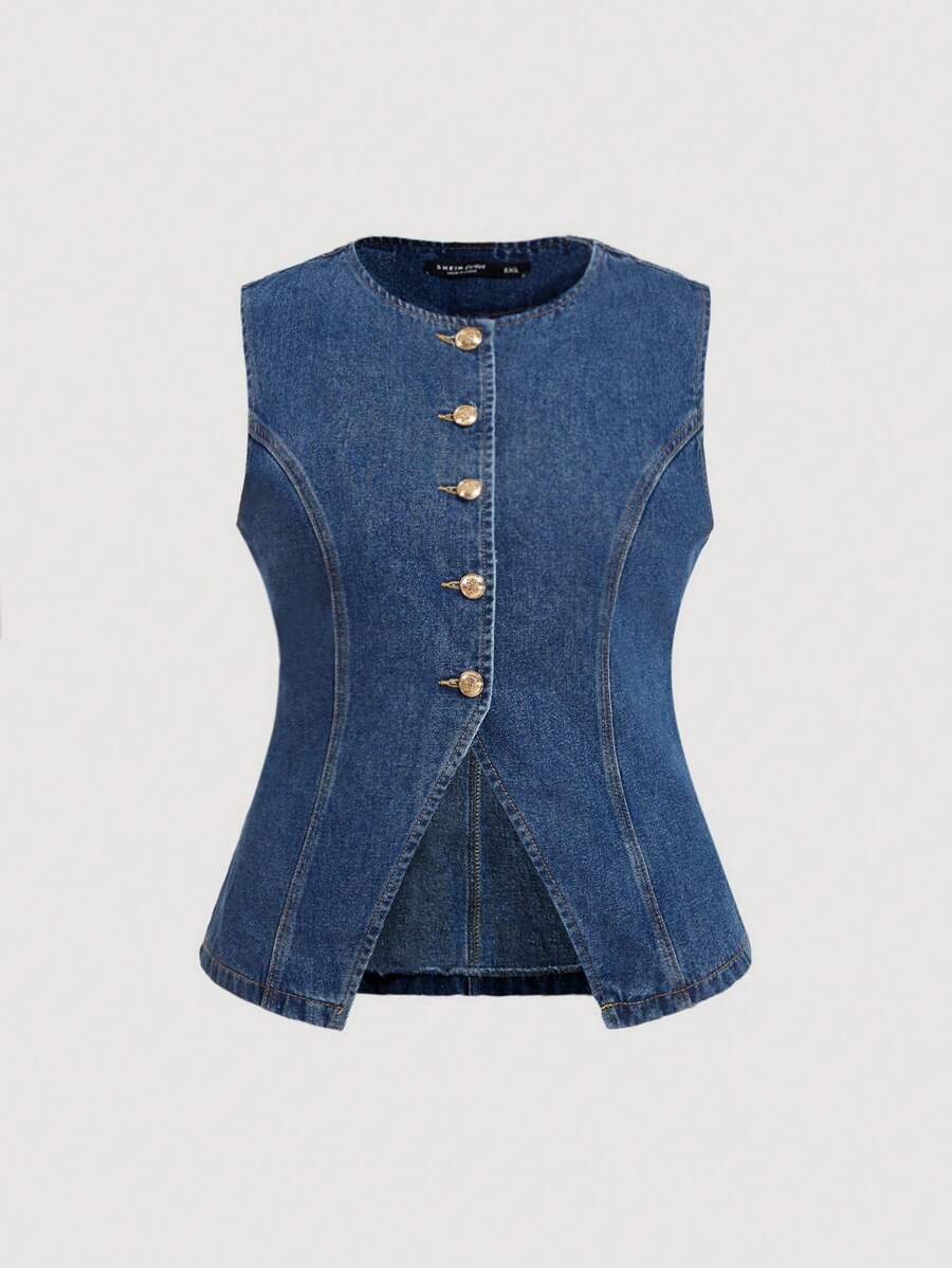 SHEIN MOD Plus Size Denim Vest, Casual Sweet Sleeveless, Blue, Fall Women Clothes