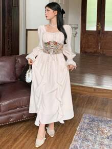 DAZY 女士秋季长袖宫廷风中长连衣裙，新年舞会礼服，荷叶边奢华优雅女装 - 米色 - 查看 4