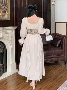 DAZY 女士秋季长袖宫廷风中长连衣裙，新年舞会礼服，荷叶边奢华优雅女装 - 米色 - 查看 6