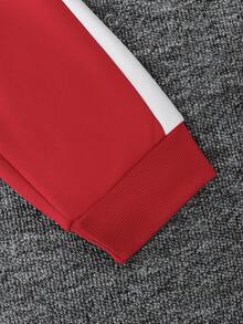 SHEIN Bộ 2 món: Áo khoác hoodie thể thao màu tương phản và quần nỉ cho bé trai tuổi teen, phong cách thường ngày - Đỏ - Xem 5