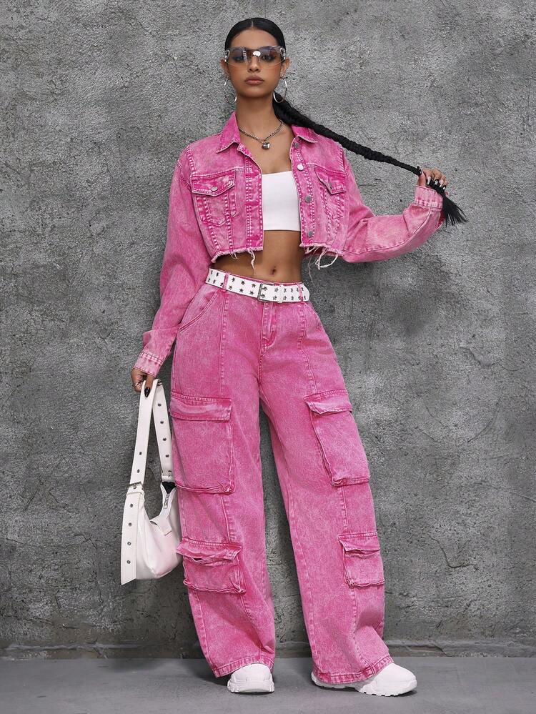 SHEIN ICON 女士牛仔夹克短款长袖粉色棉质夹克 - 粉色 - 查看 5
