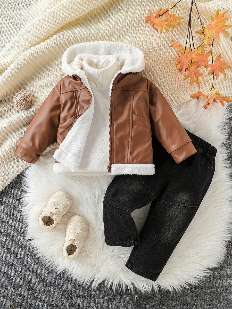 SHEIN 2 件装男婴长袖加厚夹克套装，搭配休闲长款牛仔装