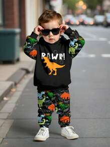 SHEIN Baby Boy Casual Losse & Zachte Comfortabele Gebreide Hoodie Sweatshirt En Broek Set Met Klassieke Dinosaurus Print, Geschikt Voor Herfst/Winter