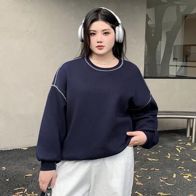 플러스플러스 사이즈 루즈 핏 라운드 넥 컬러블록 스트리트웨어 스웨트셔츠, 겨울.가을 여성 의류