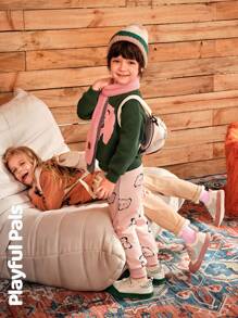 SHEIN 小男孩羊毛保暖圆领长袖图案运动衫和宽松图案运动裤 2 件套秋冬装 - 彩色 - 查看 5