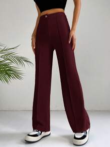 SHEIN EZwear 纯色高腰接缝细节黑色裤子 - 酒紅色 - 查看 4