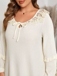 Camisola de Malha com Mangas de Lanterna, Recorte de Renda, Plus Size