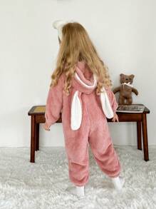 SHEIN LMoss Kids Young Girl Cute & Simple Ears Hooded Zip Front Heart Pocket Soft Comfortable Double-Sided Fleece Jumpsuit Loungewear - Dusty Pink - View 2