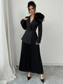 Rafferiza 1 件女式优雅黑色长袖翻领花卉装饰不对称口袋盖设计褶皱下摆连衣裙长款女装 - 黑色 - 查看 5