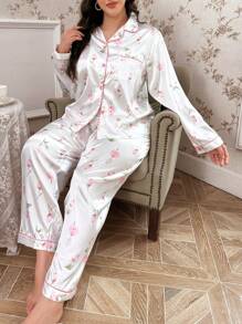 CottageSlumber Große Größen Blume Muster Faux-Seide Hemdkragen Langarm Top & Hose Pyjama Set, gemütlich und elegant, Herbst Winter Kleidung - Weiss - Übersicht 6