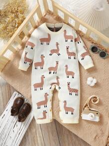 1 Stück Elfenbein Alpaka Strick-Romper, dickes doppellagiges Design zum Warmhalten, Langarm Rundhalspullover-Jumpsuit mit süßem Jacquard Muster, modischer Freizeitanzug für Babys - Beige - Übersicht 5