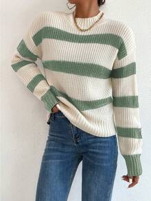 Chiquease 女士条纹高领落肩长袖休闲针织衫，秋冬针织套头衫 - 彩色 - 查看 3