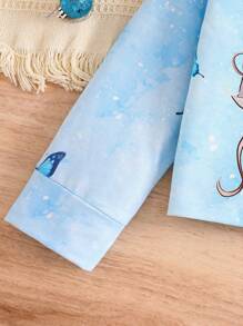 年轻女孩卡通印花圆领上衣和迷你裙套装，休闲秋季 - 藍色 - 查看 2