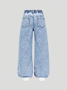 SHEIN Dziewczęce luźne jeansy z rozszerzanymi nogawkami i wzorem gwiazdek, jasne spranie