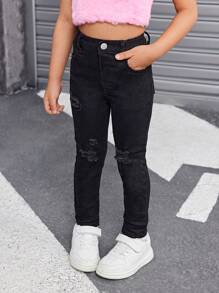 SHEIN 年轻女孩的黑色牛仔破洞弹力裤，酷炫服装/女孩感恩节服装，女孩秋冬服装