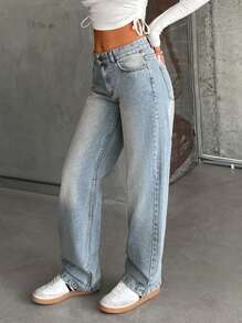 EURMUSE WOMEN STRAIGHT LOW WAIST JEANS - Medium Wash - View 4