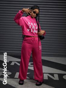 Bộ 2 áo hoodie crop top họa tiết chữ cho bé gái tuổi teen và quần dài ống rộng rộng rãi - Màu Hồng Tươi - Xem 4