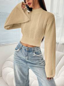 SHEIN EZwear Black Mock Neck Trumpet Sleeve Crop Sweater - Apricot - View 3