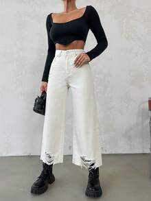 Cottnline Quần jean ống rộng rách - Màu be - Xem 6