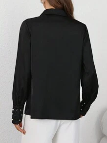 SHEIN Clasi 女士纯色水钻珍珠镂空纽扣长袖衬衫，适合秋季女士衬衫 - 黑色 - 查看 2