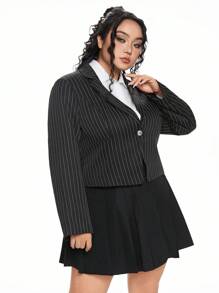 ROMWE Blazer Longo de Manga Longa com Cintura Marcada e Listras Vintage, Plus Size - Preto - Visão 7