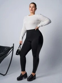 SHEIN EZwear Plus Size Women PU Patchwork Solid Color Leggings, For Autumn/Winter - Black - View 4