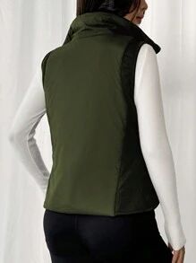 SHEIN EZwear Women Casual Solid Color Zip-Up Padded Vest In Fall/Winter - Army Green - View 2