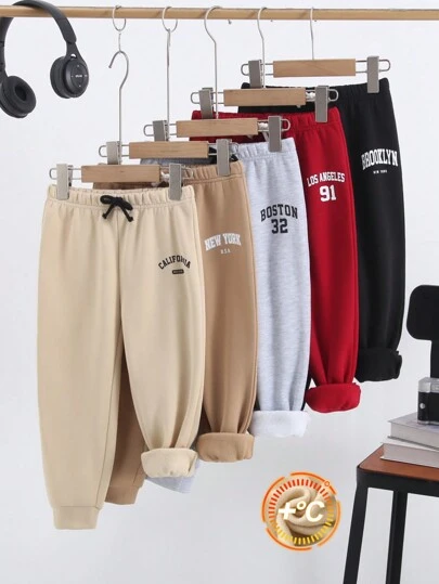 SHEIN Buy3 Get2Free Set Young Boys Casual School Style Comfortable Fashion Simple Practical Adorable Graphic Fleece Thick Warm Pants, Suitable For Kids Outfits Back To School Young Boy Clothes, Suitable For Daily Wear, School, Outings, Sports, Autumn & Winter Season