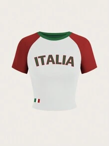 SHEIN Unity Áo thun cổ tròn tay ngắn in họa tiết chữ Italy vừa vặn dành cho nữ, mùa hè - Nhiều màu - Xem 1
