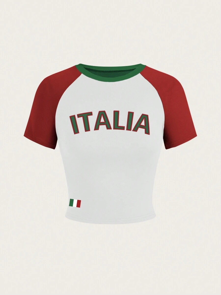 SHEIN Unity Áo thun cổ tròn tay ngắn in họa tiết chữ Italy vừa vặn dành cho nữ, mùa hè - Nhiều màu - Xem 1