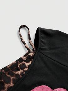 ROMWE Grunge Punk Kpop Grunge 吉他图案T恤，轻薄宽松撞色落肩摇滚音乐节女款T恤 - 棕色 - 查看 4