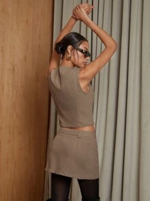 COSMINA 2pcs/Set Women Casual Solid Color Button Front Tank Top And Mini Skirt - Khaki - View 2