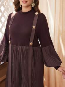 Al Najma 阿拉伯金属纽扣棕色灯笼袖立领褶皱弹力针织中长款适中长袖连衣裙，适合大码女士，通勤