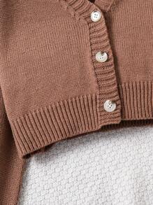 Sparklyn Conjunto de niñas preadolescentes de cárdigan de punto minimalista y pantalones de punto de otoño/invierno - Café integral - Ver 4