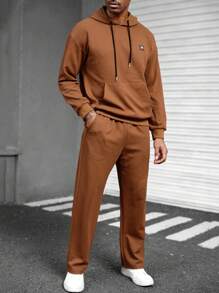 Manfinity Homme 2pcs Men Solid Color Applique Hooded Sweatshirt With Kangaroo Pocket & Drawstring Sweatpants Casual Suit