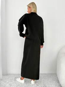 EURMUSE Floral Pattern Drop Shoulder Cardigan & Knit Skirt - Black - View 2