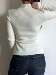SHEIN BASICS 休闲纯色高领长袖修身常规针织毛衣 - 白色 - 查看 2