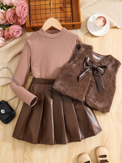 SHEIN Tween Girl 3pcs Outfit Set: Ribbed Stand Collar Long Sleeve Slim Fit T-Shirt, PU Pleated Skirt, Fluffy Bow Decor Cardigan, For Outdoor Wear