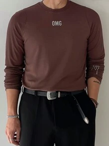 DAZY 男士休闲标语印花长袖 T 恤，秋季 - 棕色 - 查看 7
