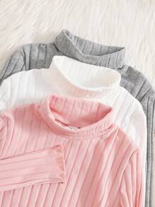 SHEIN Bộ 3 chiếc áo thun cổ tròn tay dài bo gấu cho bé gái tuổi mới lớn, cổ lọ, thích hợp cho ngày lễ, đêm giao thừa, lễ tạ ơn, giáng sinh - Nhiều màu - Xem 3