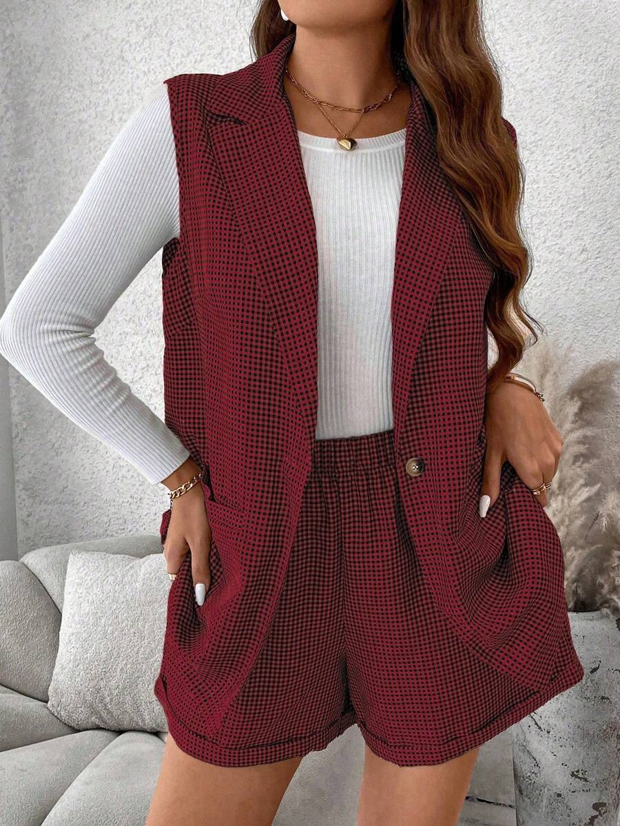 Flirla Plus Size Women Plaid Lapel Single-Breasted Sleeveless Jacket And Shorts Casual Office Wear Suit - Red - View 1