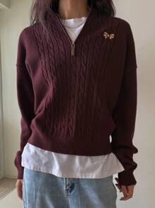 DAZY 1 件女士宽松刺绣半拉链长袖休闲毛衣，秋季女装 - 紅木色 - 查看 8
